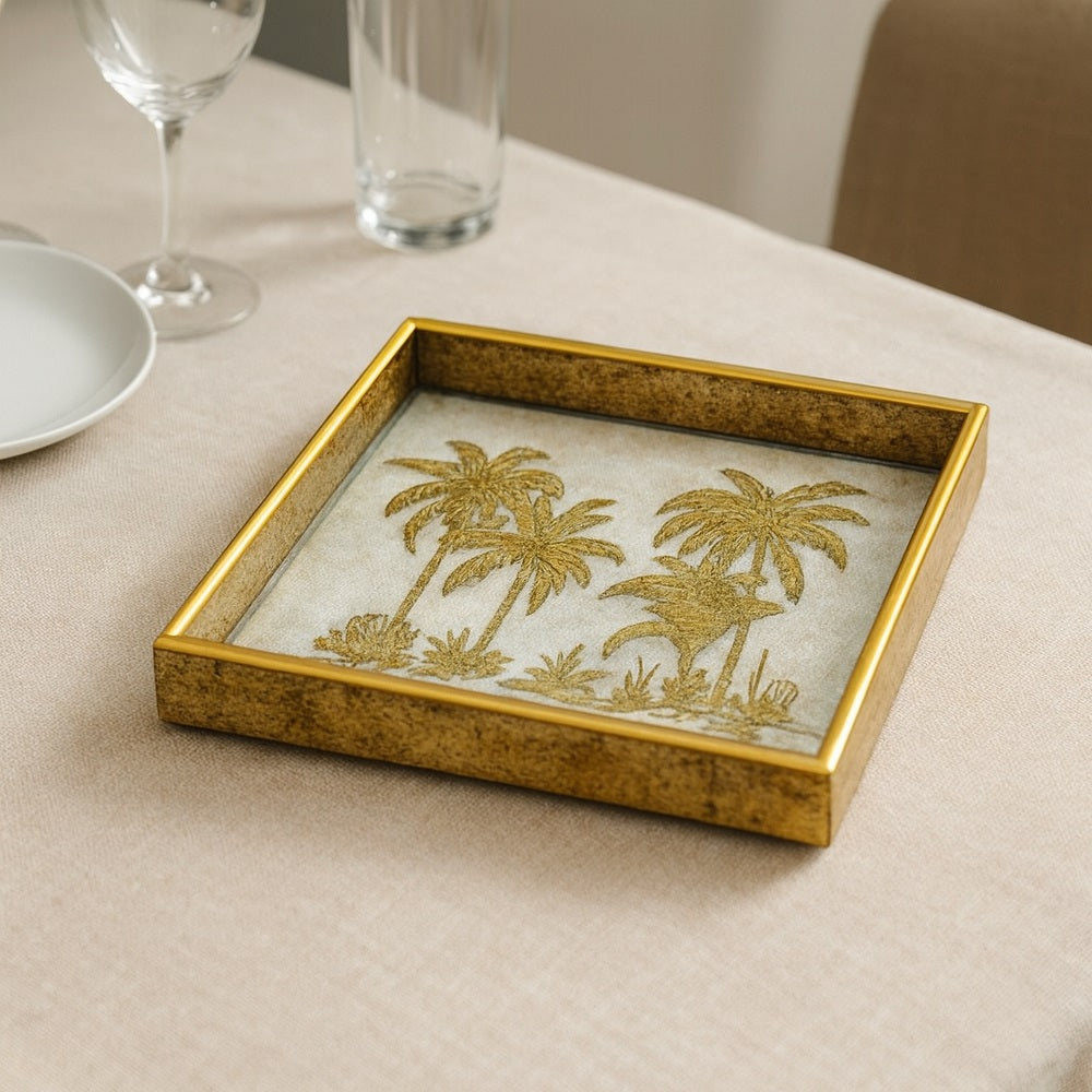 Italian Golden Tropical Palm Design Tray - Luxury Dining & Home Decor (19.5 x 19.5 Cm)