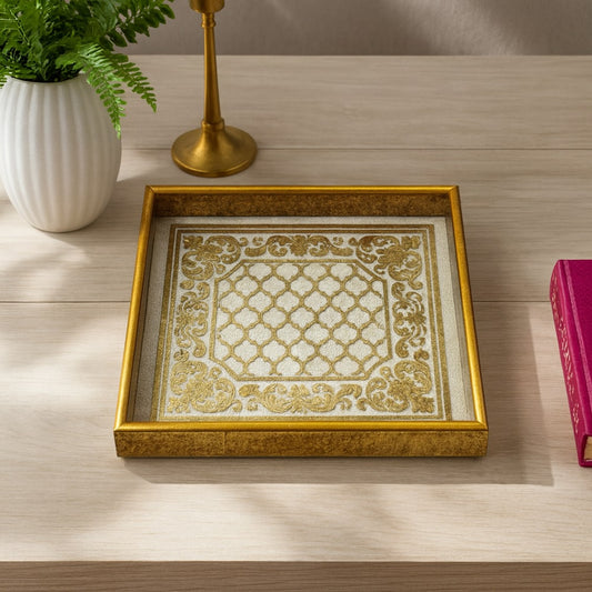 Italian Golden Geometric Floral Design Tray - Luxury Dining & Home Decor (19.5 x 19.5 Cm)