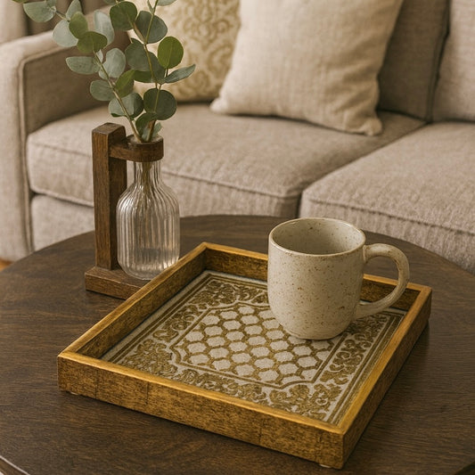 Italian Golden Geometric Floral Design Tray - Luxury Dining & Home Decor (19.5 x 19.5 Cm)
