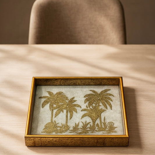 Italian Golden Tropical Palm Design Tray - Luxury Dining & Home Decor (19.5 x 19.5 Cm)
